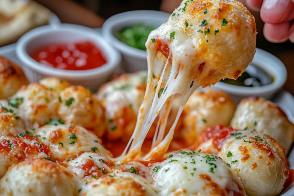 Pizza puff dipped in marinara sauce with cheese stretch.