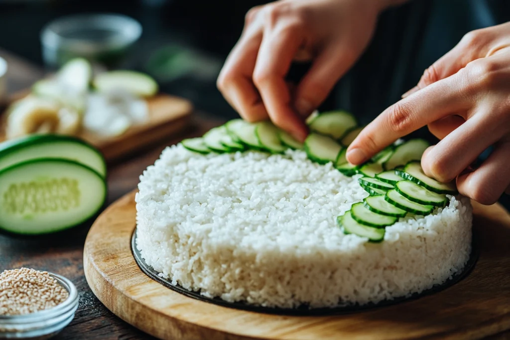 Pressing sushi rice into a mold for a sushi cake