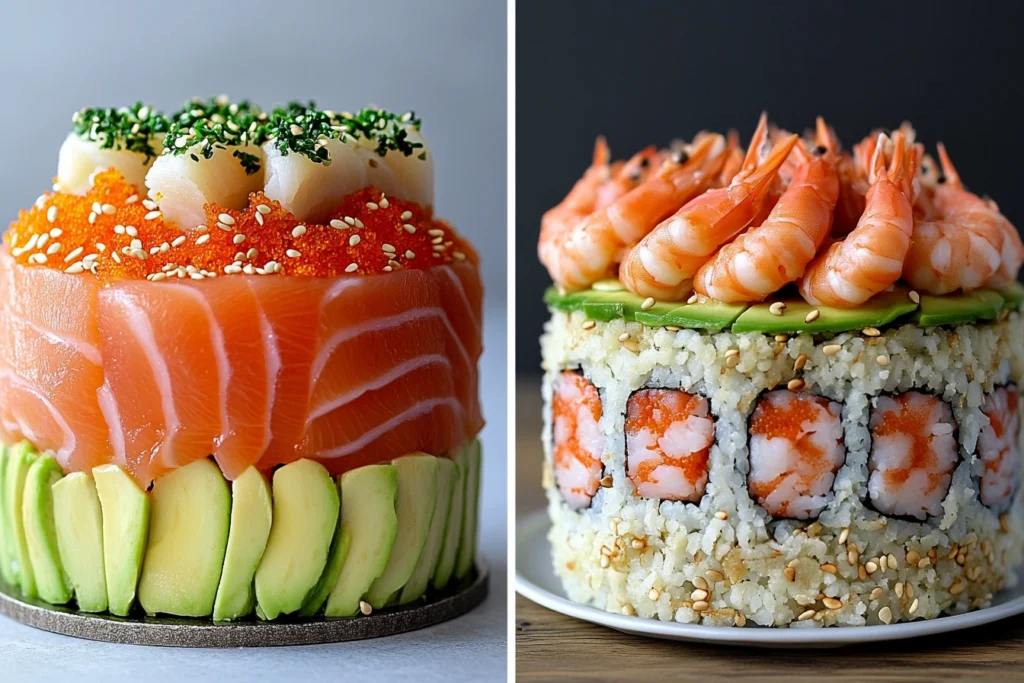 Raw and cooked sushi cake comparison