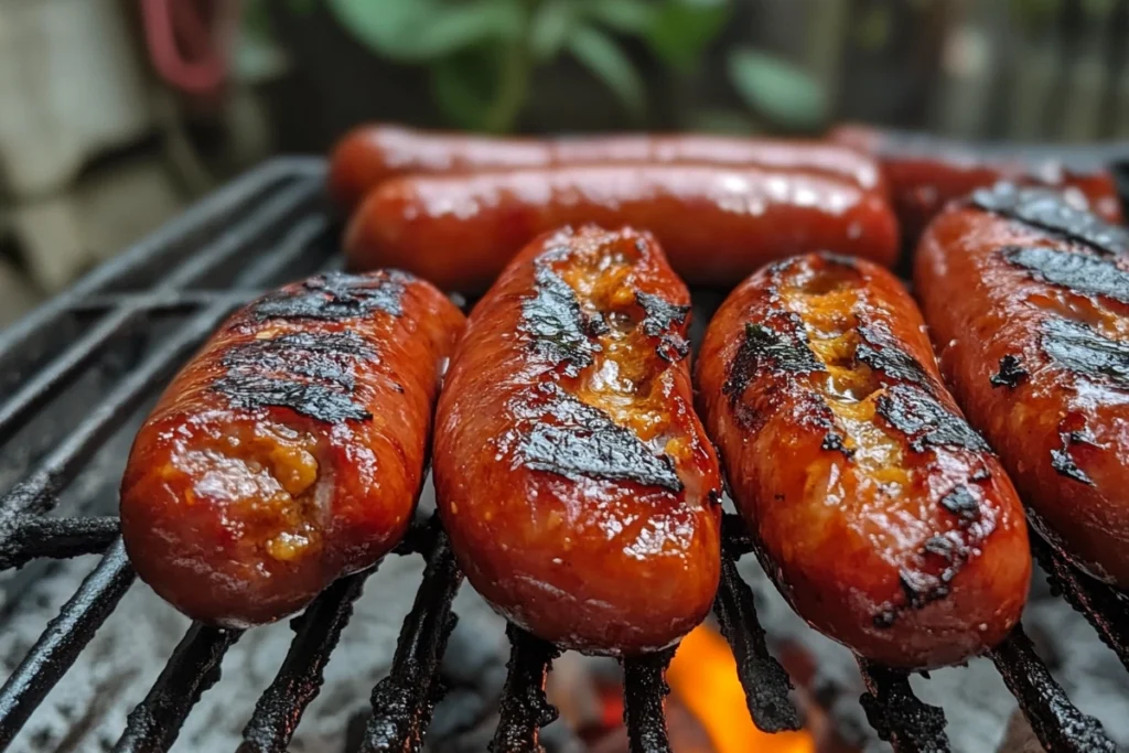 Grilled red hot sausages with char marks