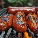 Grilled red hot sausages with char marks