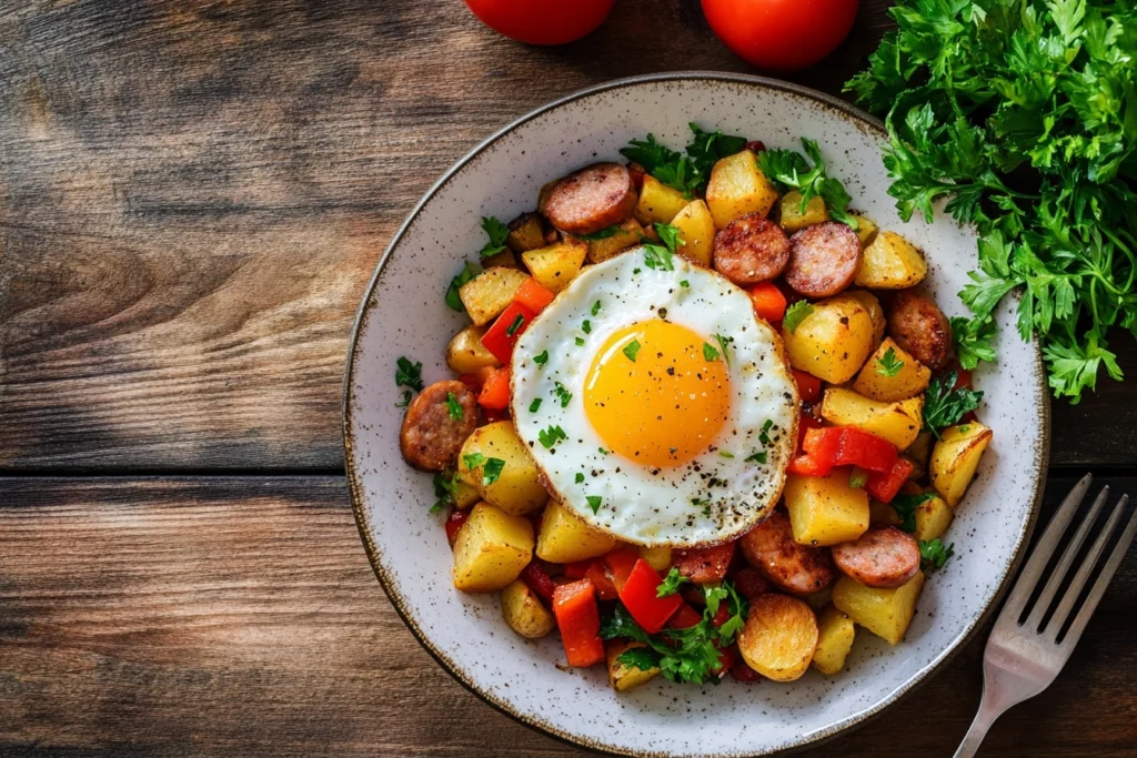 Breakfast hash with red hot sausages and eggs