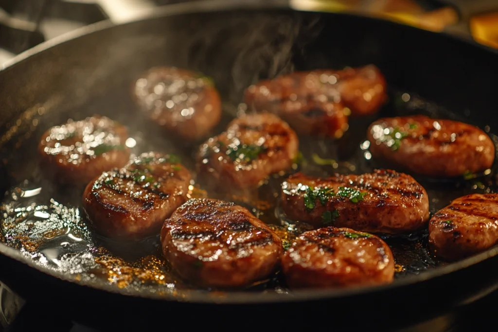 Red hot sausages pan-frying in a cast-iron skillet