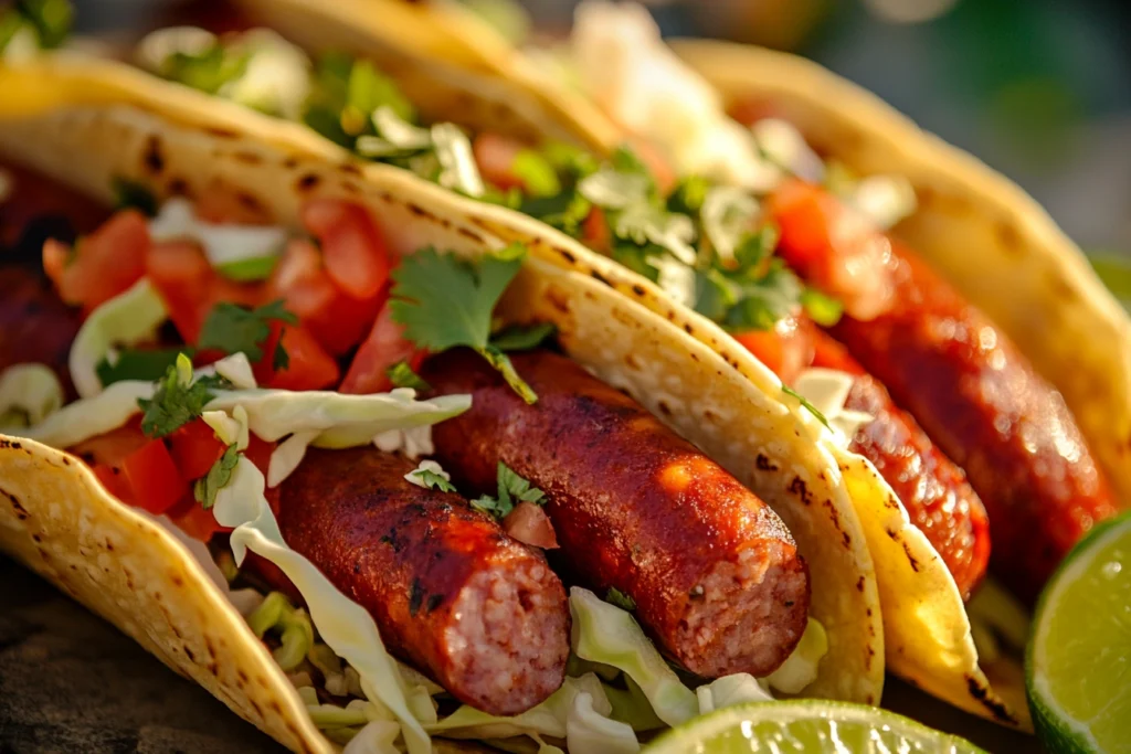 Red hot sausage tacos with fresh toppings