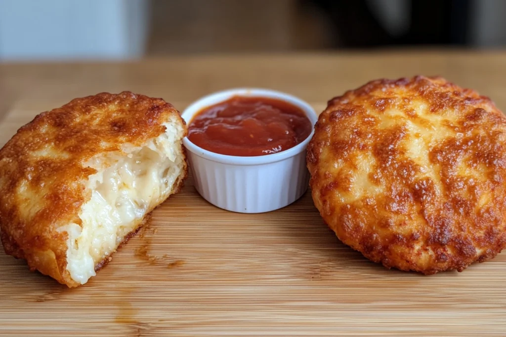 Fried vs. baked pizza puff comparison on a serving board.