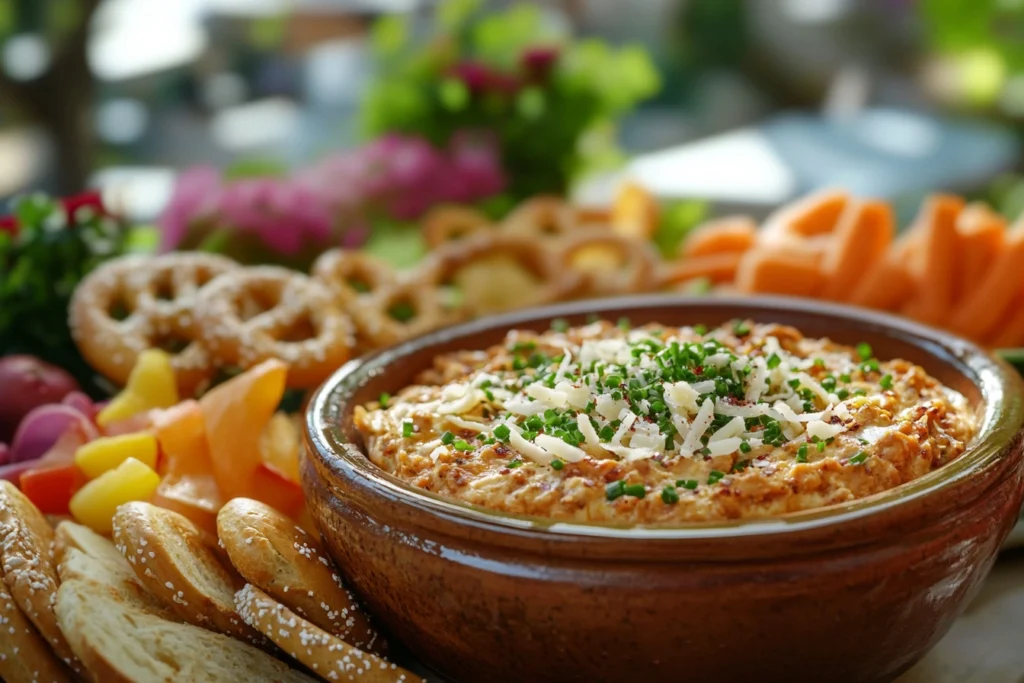 Bagel dip served with bagel slices and pretzels