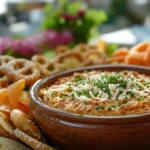 Bagel dip served with bagel slices and pretzels