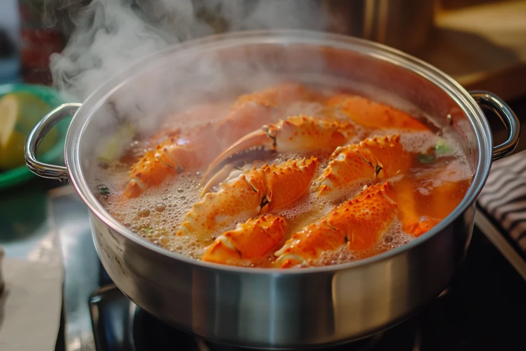 Crab legs steaming in a pot on the stove