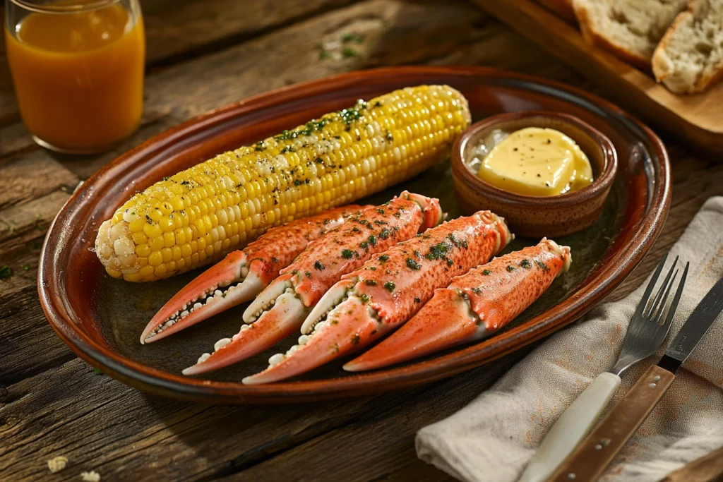 Plated seafood feast with crab legs and side dishes