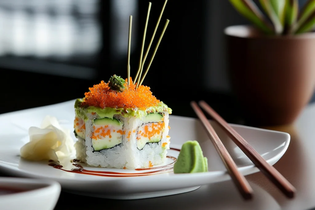 Sushi cake served with wasabi and spicy mayo