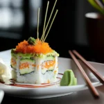 Sushi cake served with wasabi and spicy mayo