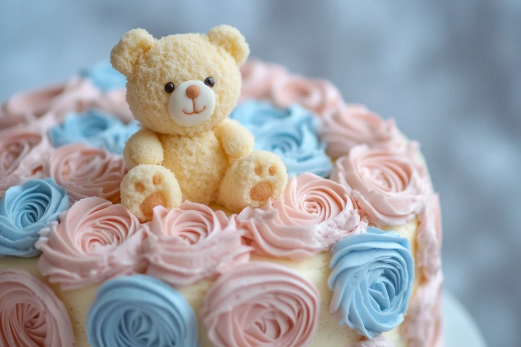 Adorable teddy bear baby shower cake with buttercream rosettes.