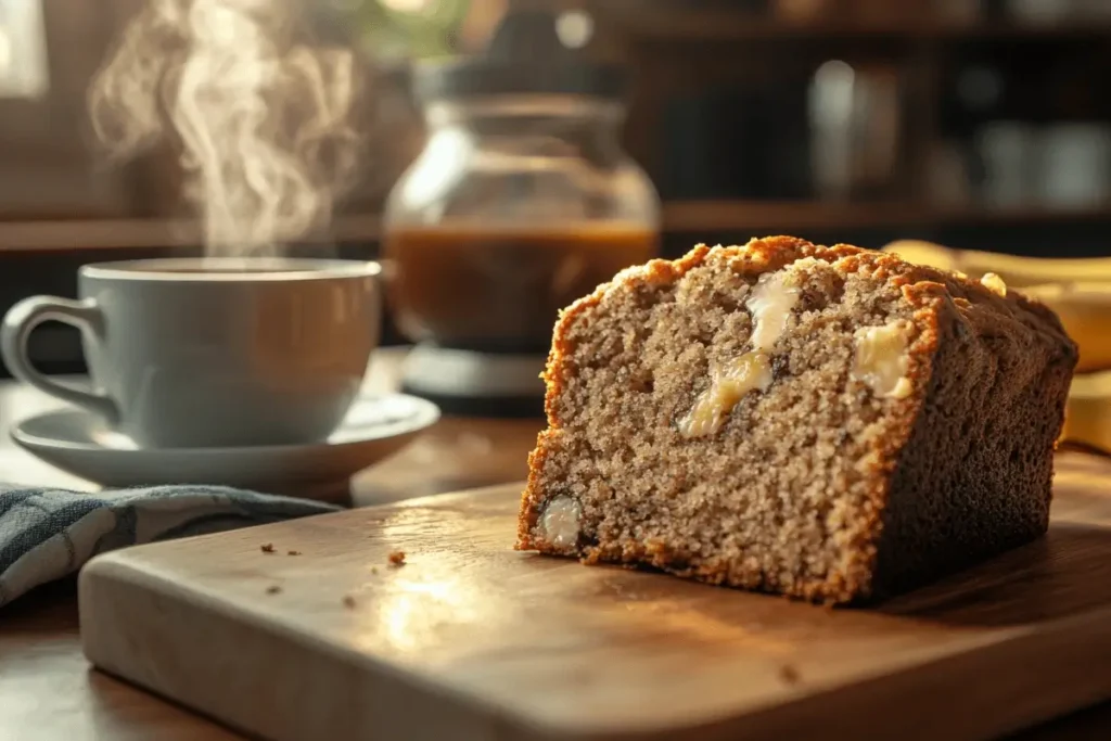 Freshly baked banana bread without brown sugar, golden crust, and moist interior