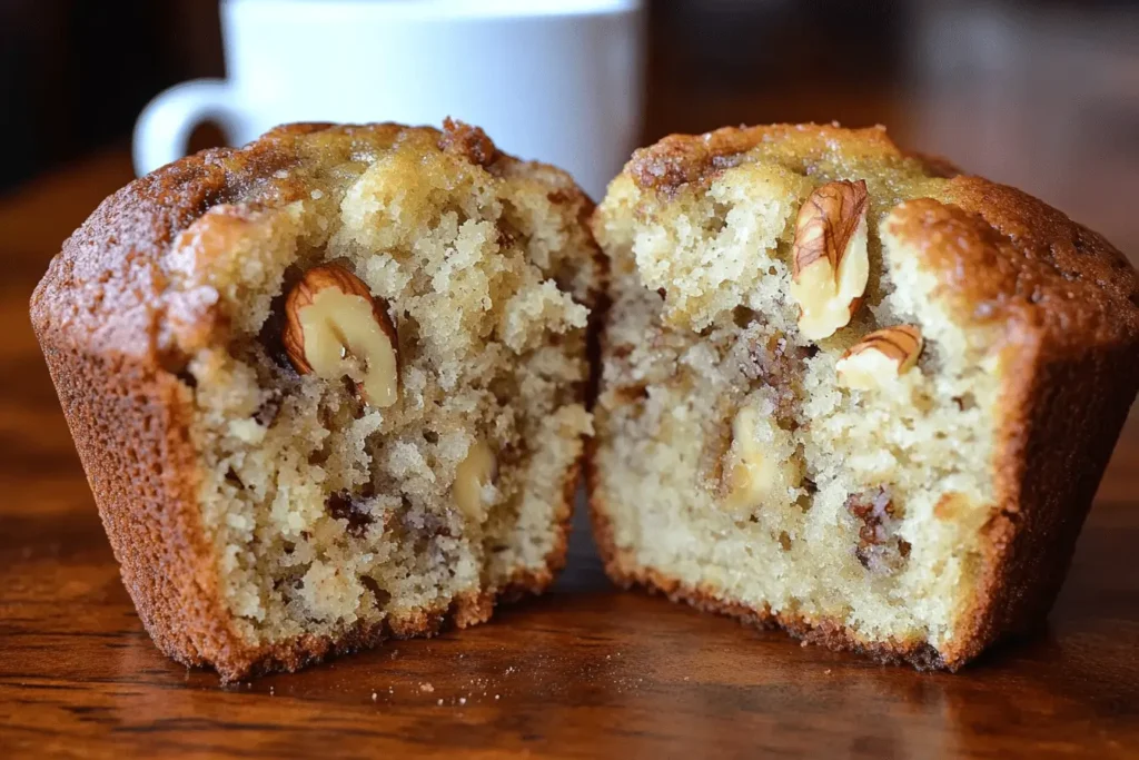  Inside of a soft, moist banana walnut muffin.