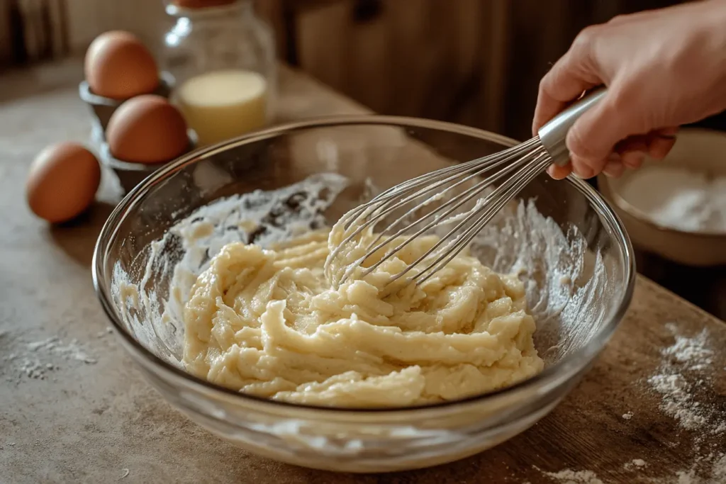  Mixing banana muffin batter for a moist texture.