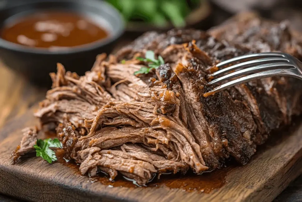 Birria Tacos Recipe – Tender, juicy shredded beef on a cutting board, ready for tacos.