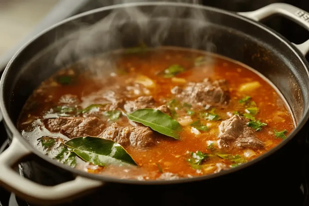 Birria Tacos Recipe – Slow-cooked beef simmering in adobo sauce with bay leaves and spices.