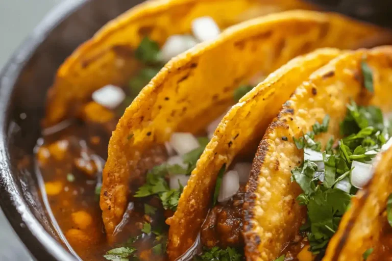 Birria Tacos Recipe – Crispy birria tacos dipped in rich consomé, garnished with cilantro and onions.