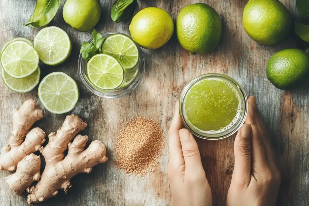  Ingredients for a Brazilian Mounjaro drink with lime, ginger, and coconut water