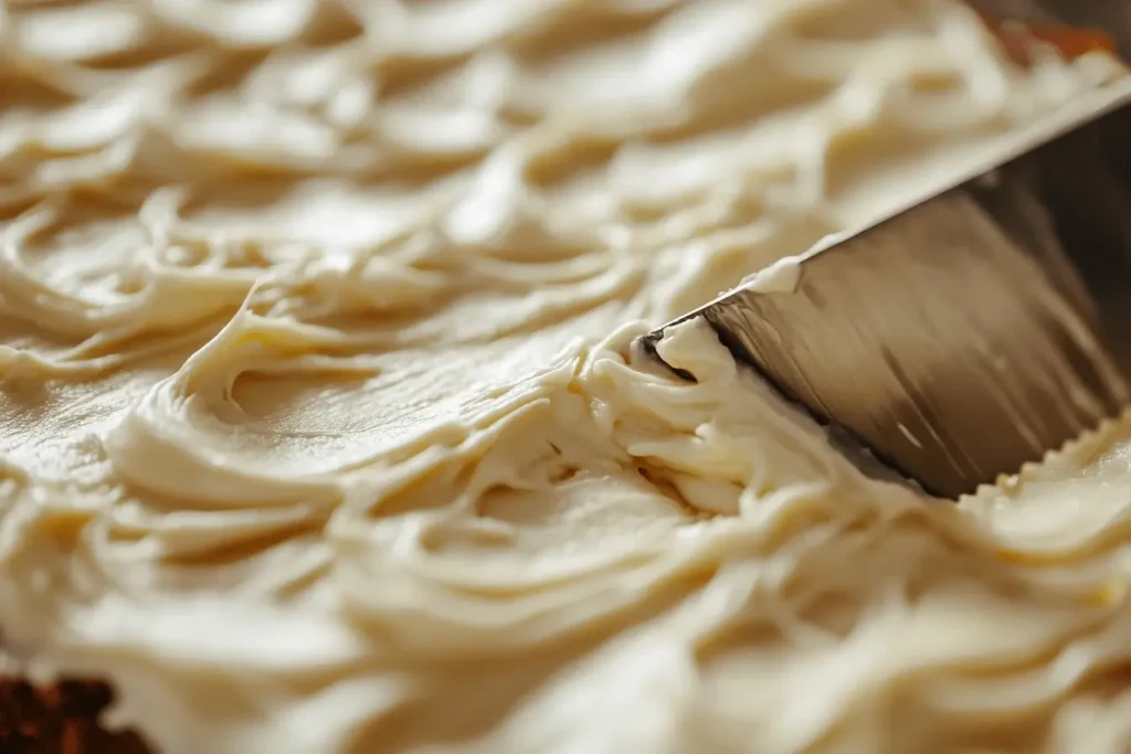 Cream cheese frosting being spread on carrot cake bars