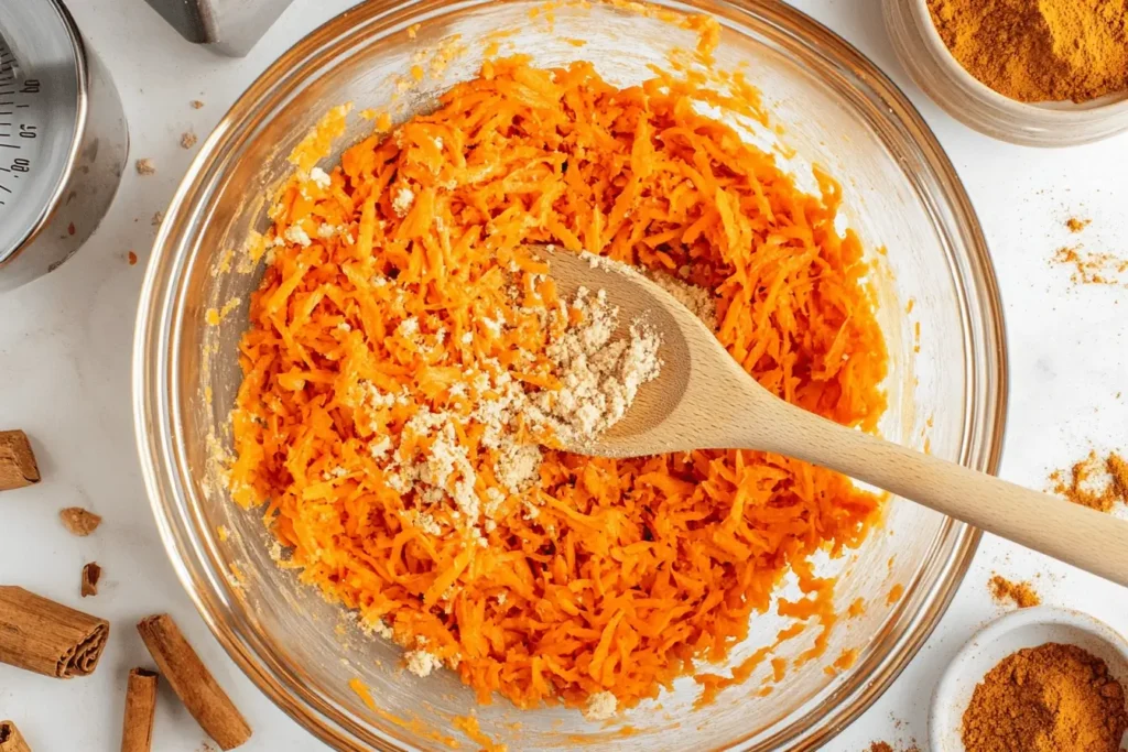  Carrot cake batter being mixed with fresh ingredients