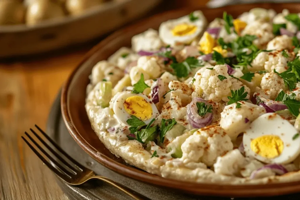 Creamy cauliflower potato salad with fresh herbs and a fork on a rustic plate.