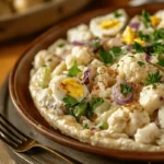 Creamy cauliflower potato salad with fresh herbs and a fork on a rustic plate.