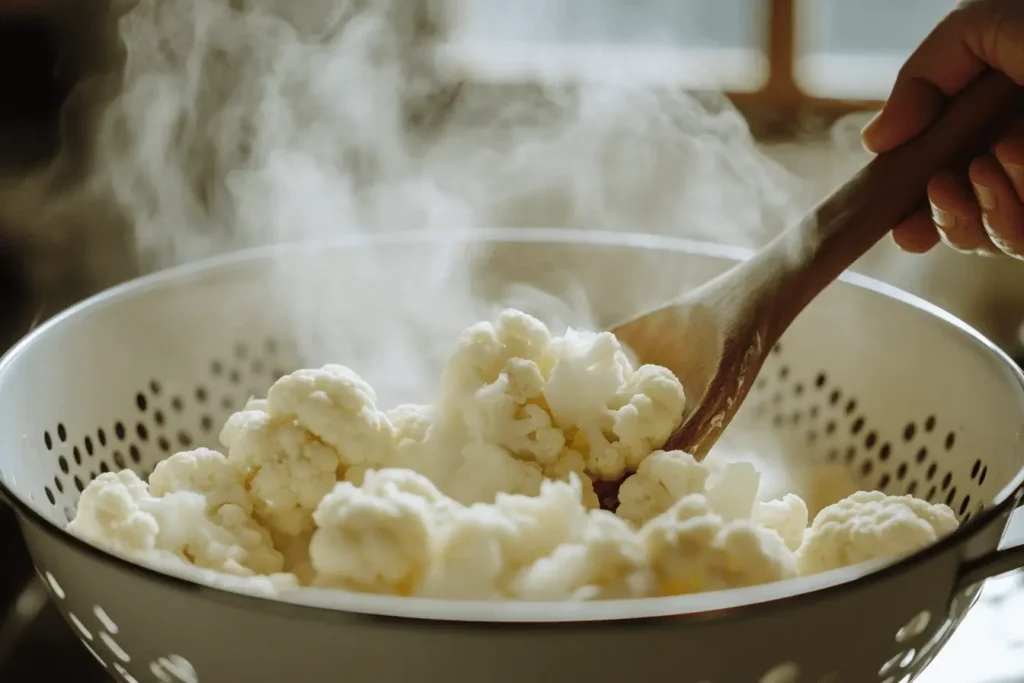 Steamed cauliflower florets in a colander with steam rising.