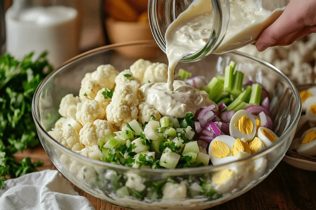 A bowl of cauliflower potato salad ingredients being mixed with creamy dressing.