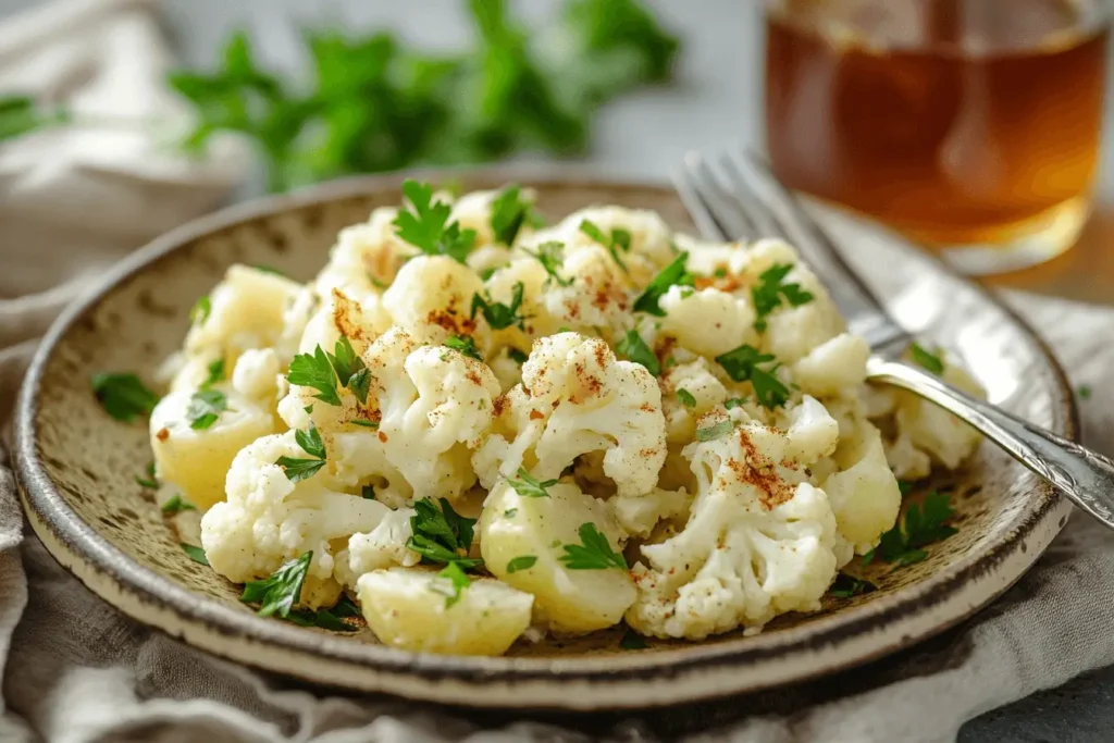 A plated serving of cauliflower potato salad with a fork taking a bite.