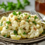 A plated serving of cauliflower potato salad with a fork taking a bite.