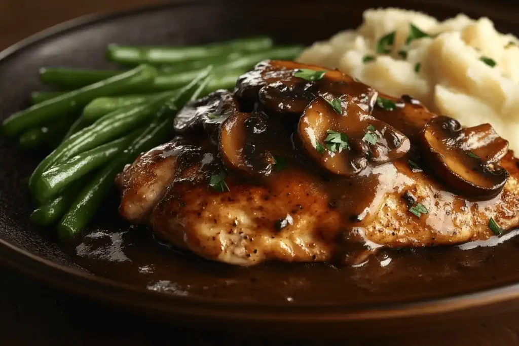 Chicken Marsala plated with rich Marsala wine sauce and mushrooms