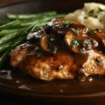 Chicken Marsala plated with rich Marsala wine sauce and mushrooms