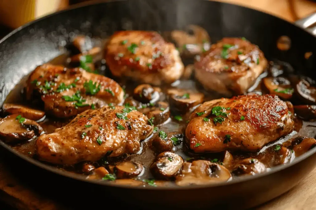 Chicken Marsala cooking in a pan with Marsala wine sauce and mushrooms