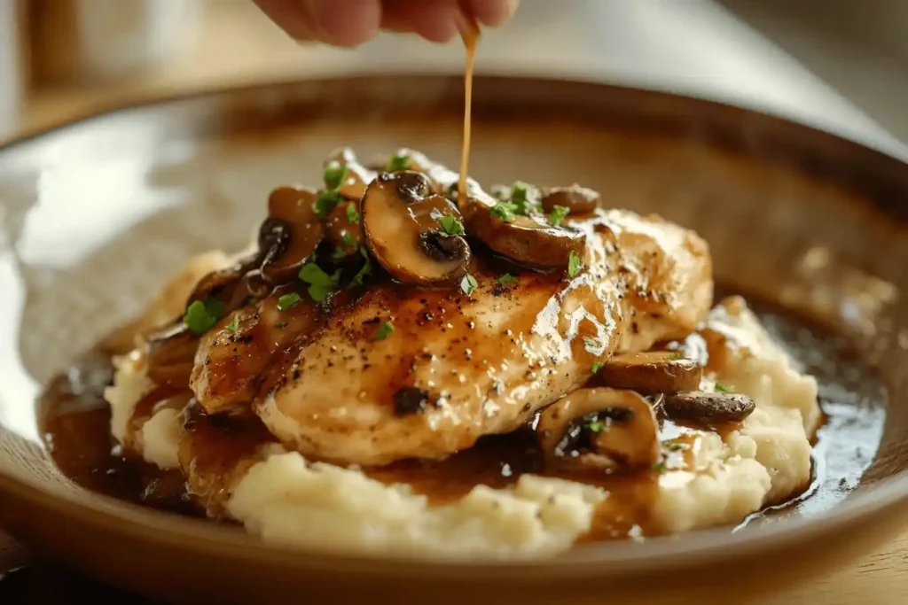 Plating Chicken Marsala with Marsala wine sauce and mashed potatoes