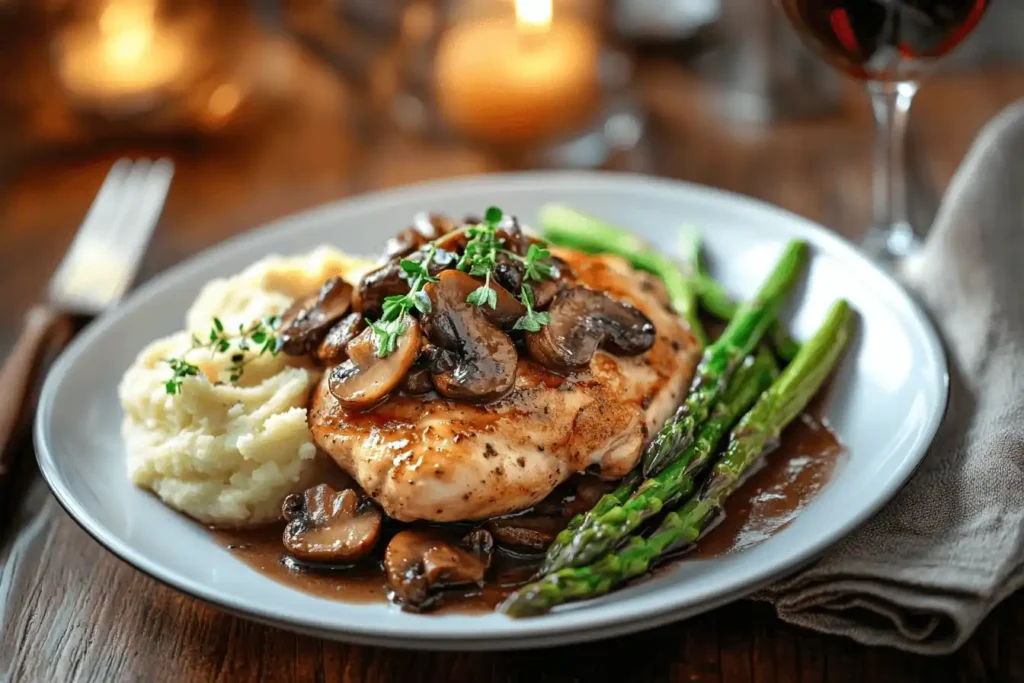 Chicken Marsala served with mashed potatoes and roasted asparagus
