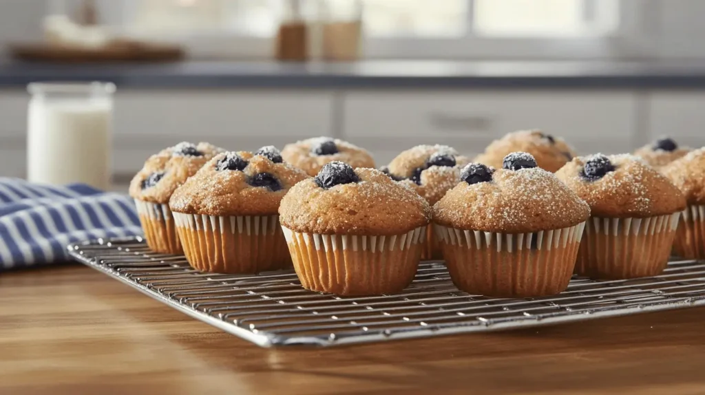 Freshly baked Jordan Marsh blueberry muffins cooling