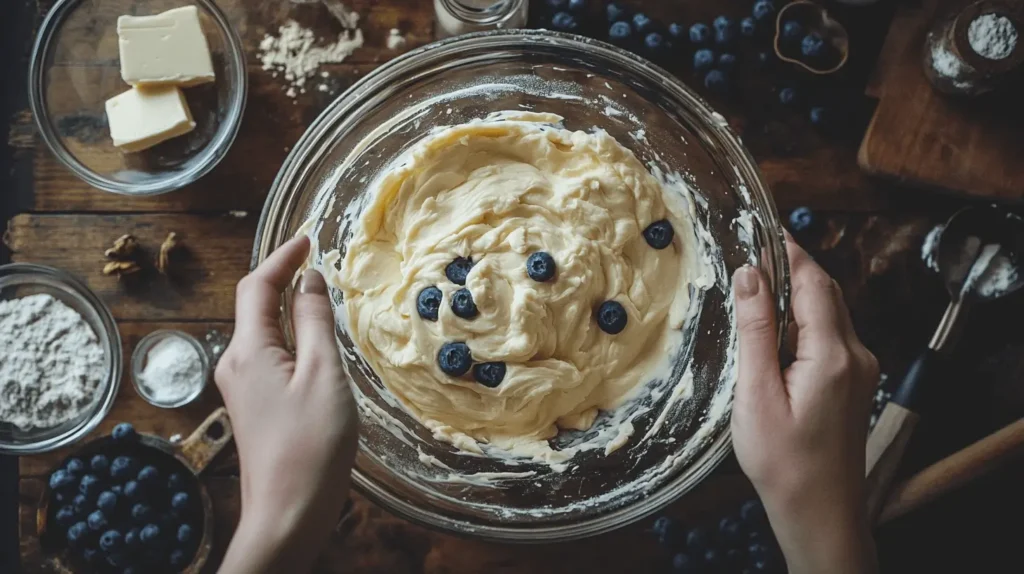 Creaming butter and sugar for Jordan Marsh blueberry muffins