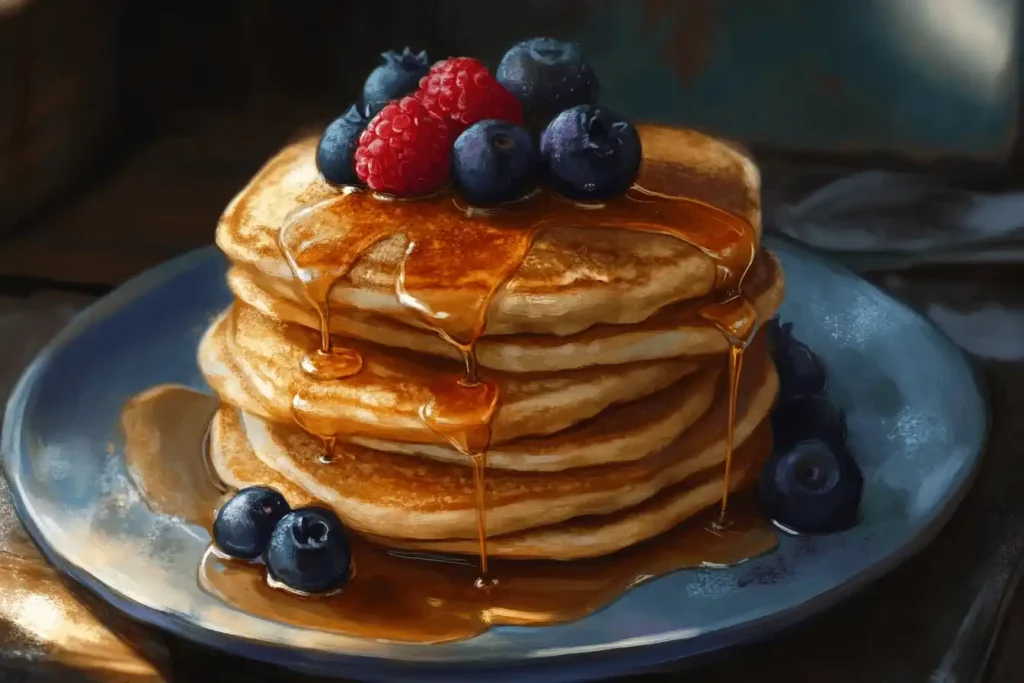  Fluffy sourdough pancakes with maple syrup and berries.