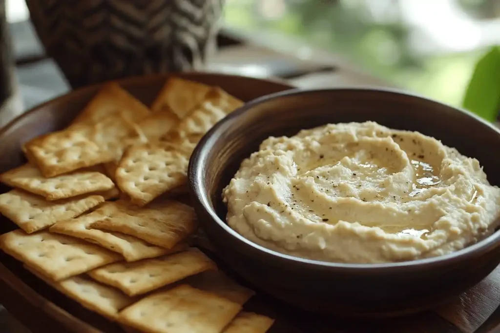 Sourdough crackers with hummus on a wooden plate.