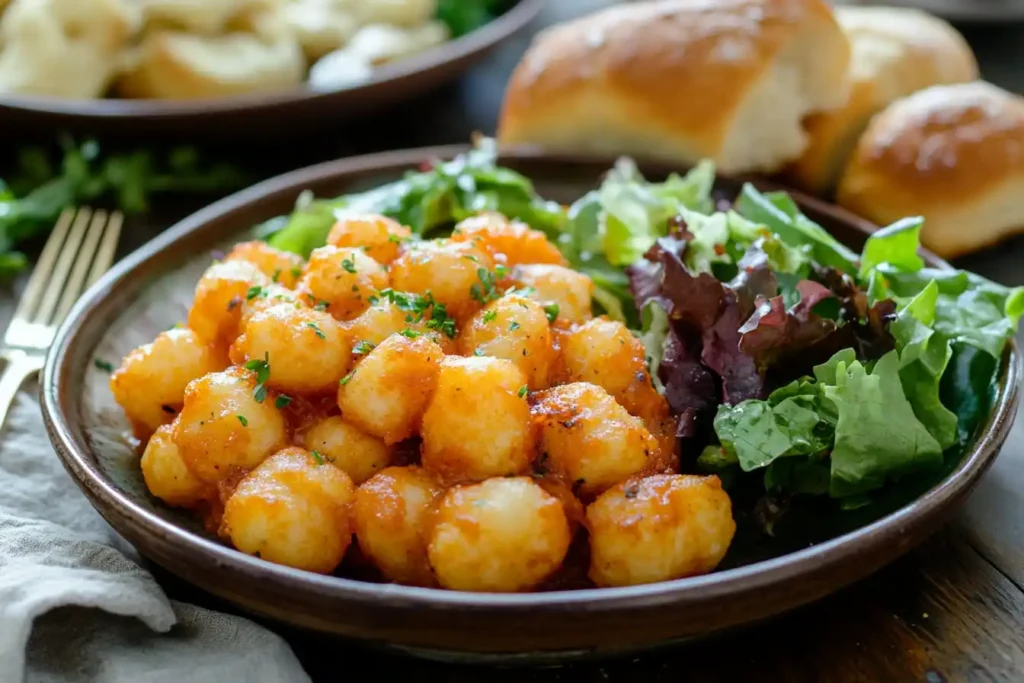 Plated Tater Tot Hotdish with a side salad and dinner rolls.